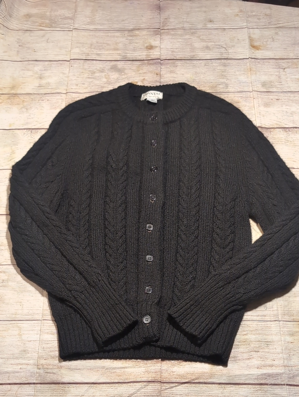 Crystal Sportswear LTD Vintage Black Wool Cable Knit Button Front Cardigan Sz M